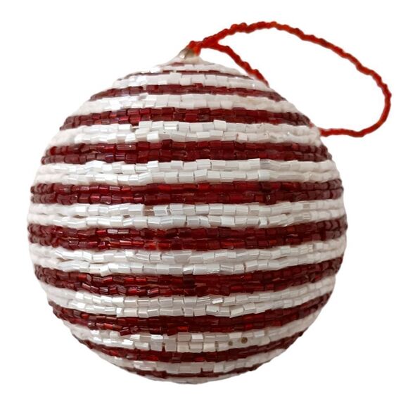 Hand Beaded Christmas Ornament Glass Bugle Beads All Around Red White Vintage. - Picture 5 of 14